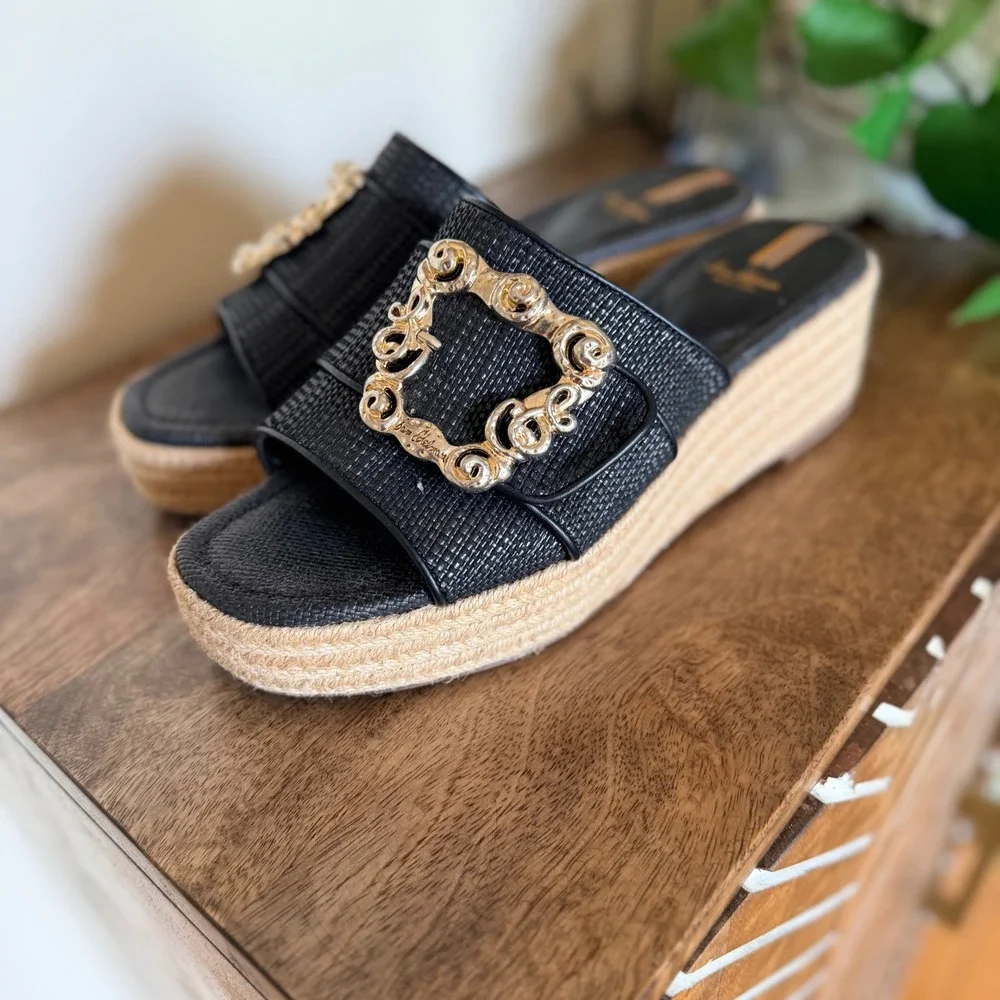 Sam Edelman Adaley‎ Black Raffia Platform Slides Resort Coastal Luxe 11